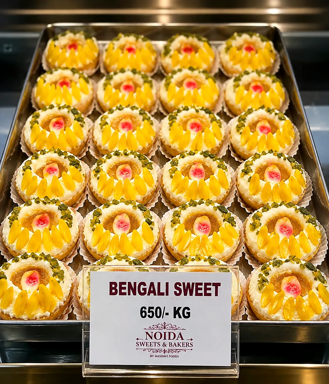 Bengali sweet — our photo Bengali sweet with petal decoration at Noida Sweets and Bakers — our photo