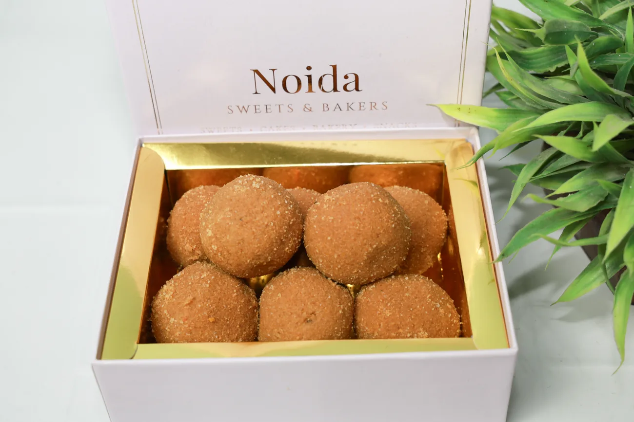 Besan laddus in our gift box — our photo