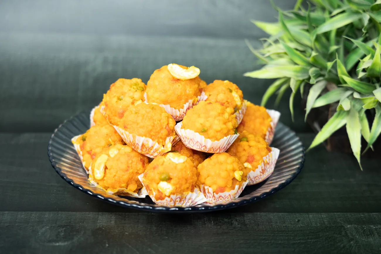 Boondi laddu with cashew — our photo