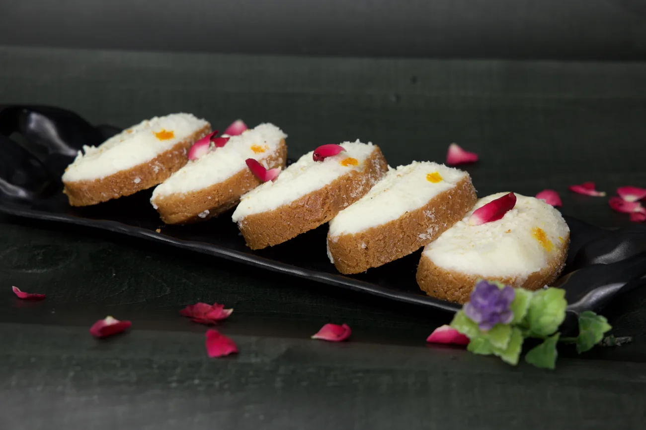 Chhena toast with saffron — our photo
