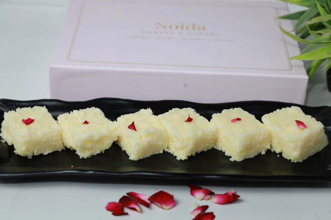 Coconut barfi with rose petals — our photo
