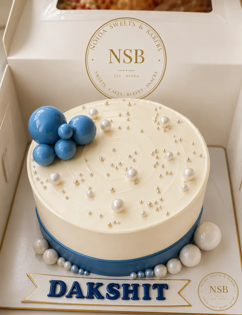 Customised pearl name cake in our gift box — made at Noida Sweets and Bakers
