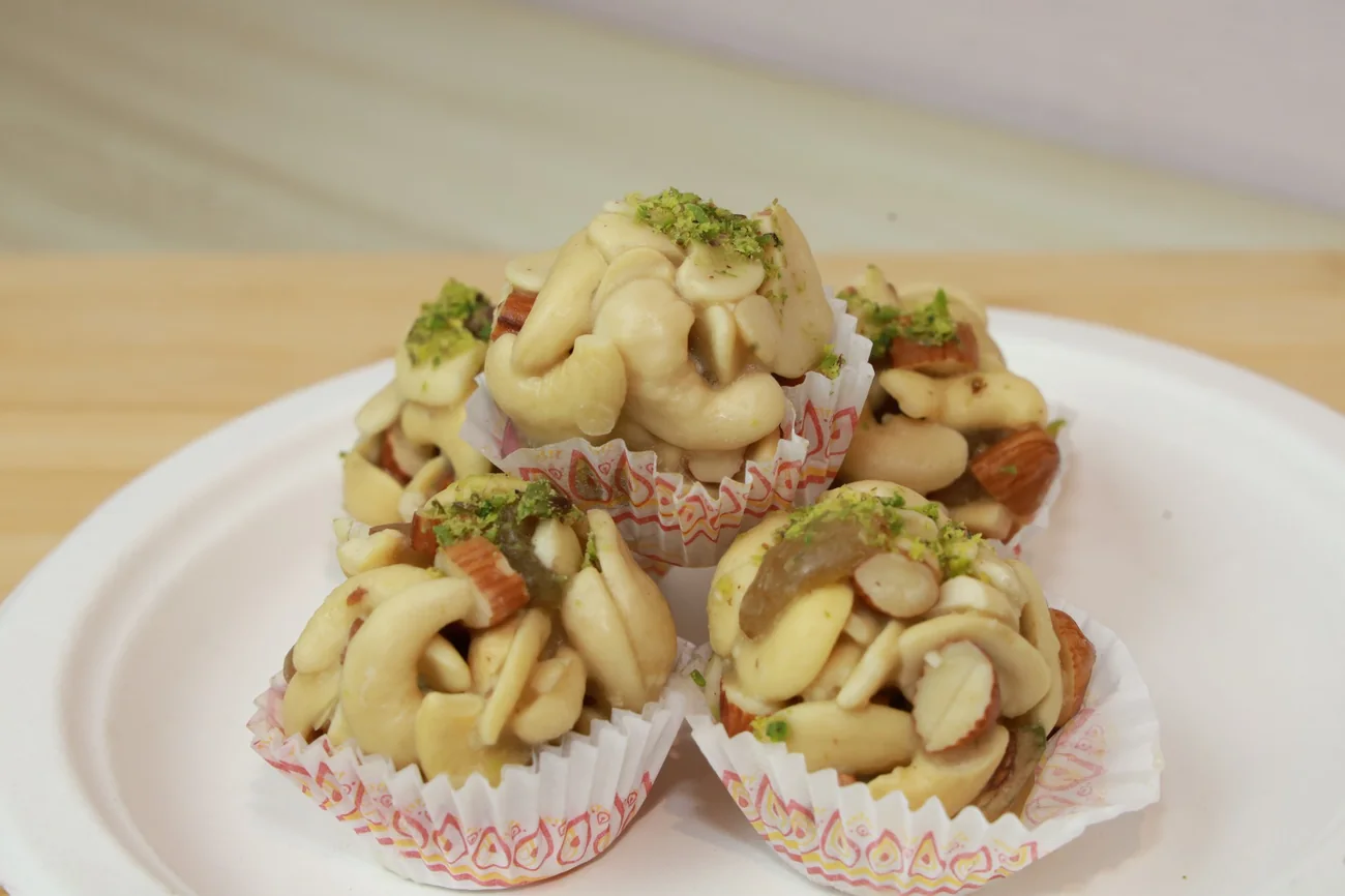 Dry-fruit laddus with cashew, almond and pistachio — our photo