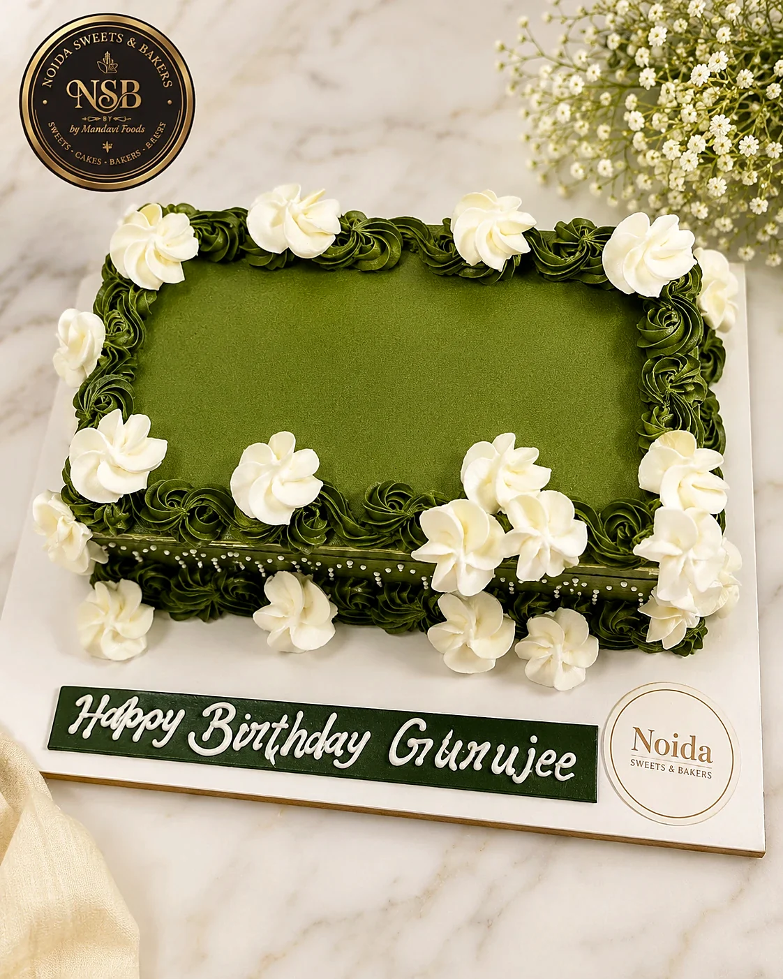 Sage green floral sheet cake for Gurujee — Noida Sweets and Bakers, Greater Noida