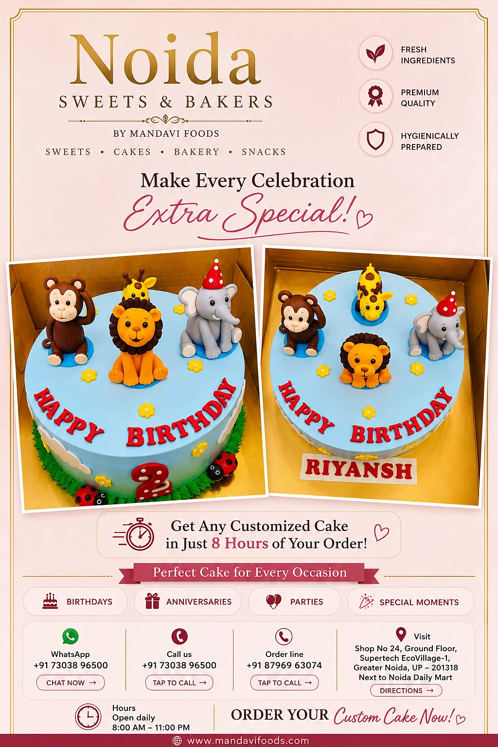 Jungle birthday cake — front and top view Jungle safari birthday cake poster — front and top view with fondant animals and personalised birthday message, made fresh at Noida Sweets and Bakers by Mandavi Foods, Greater Noida West