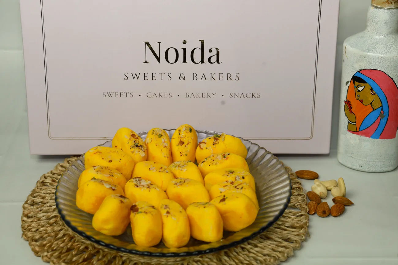 Kesar peda, flower-pressed — our photo