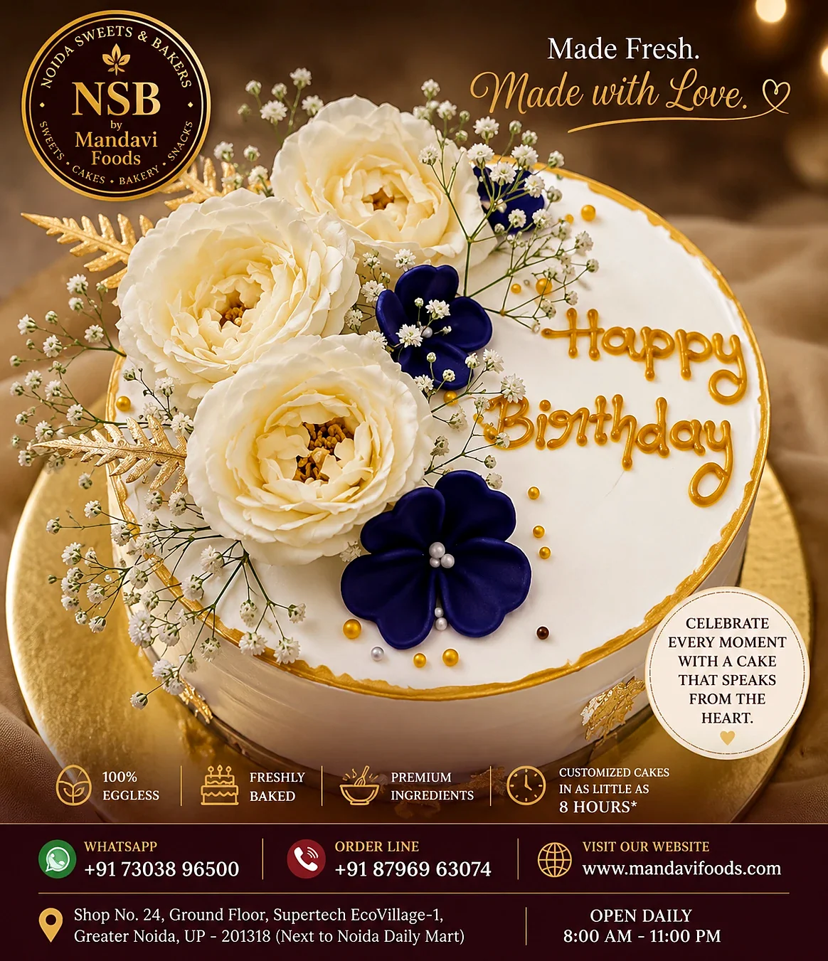 White and gold luxury floral birthday cake with cream roses — by Noida Sweets and Bakers, Greater Noida