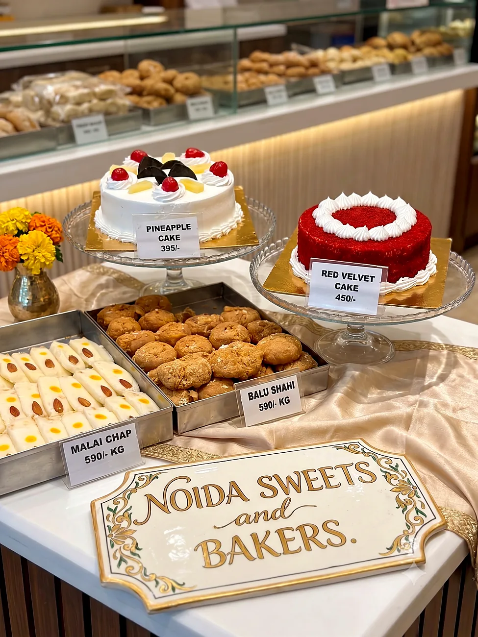 Cakes and sweets display table at Noida Sweets and Bakers, Greater Noida
