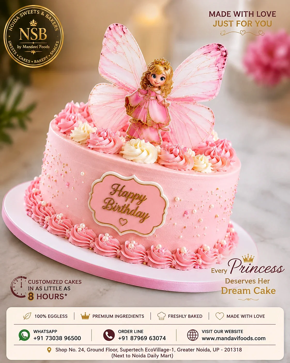 Pink princess fairy theme birthday cake with butterfly topper — real cake by Noida Sweets and Bakers, Greater Noida